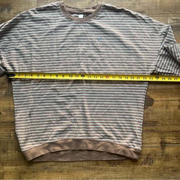 Zyia Women S Small Brown Blue Stripe Pullover Top Long Sleeve Crop Drop Shoulder - Picture 4 of 6